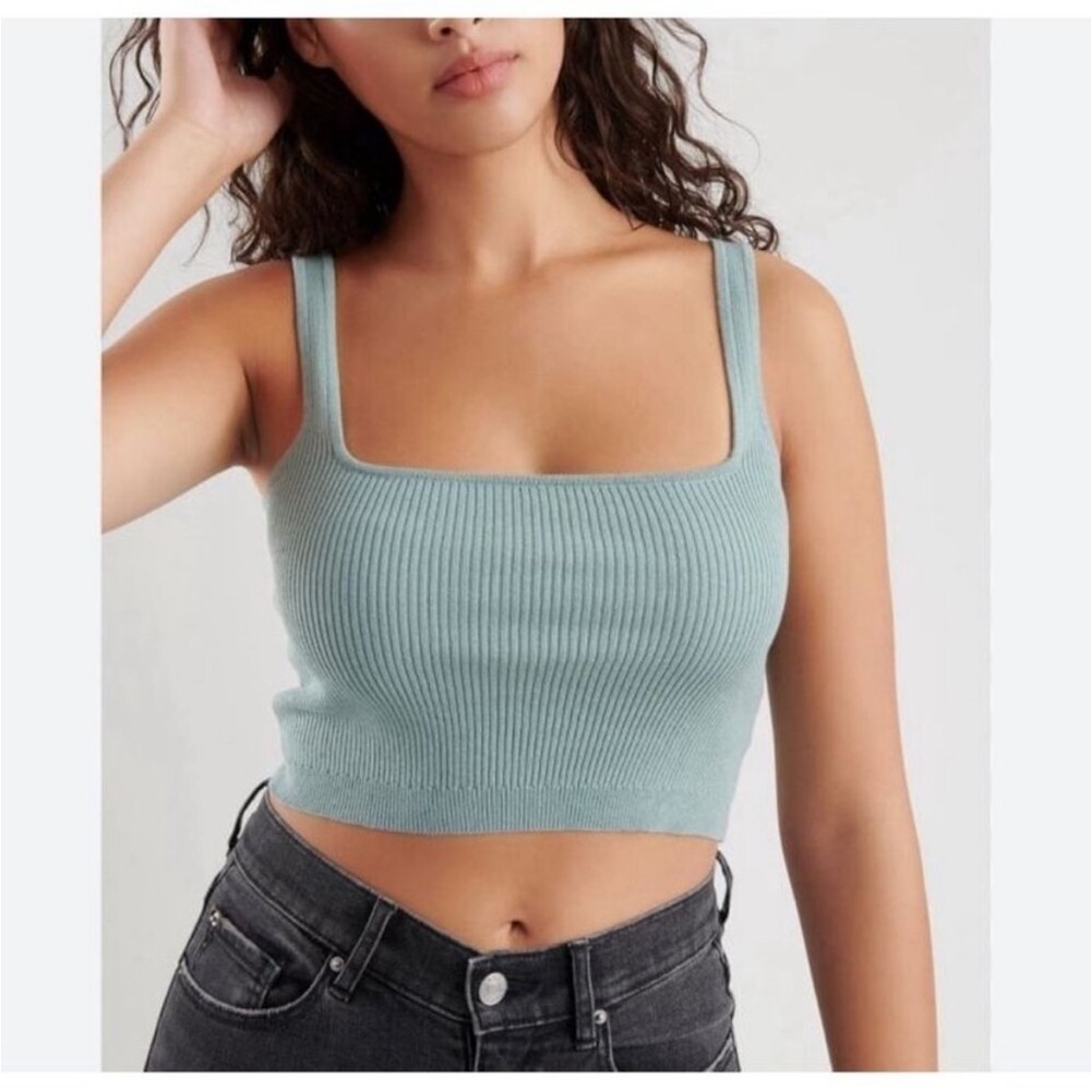 Zara Ribbed Knit Square Neck Crop Tank Top Sage Green/Blue Women’s Size M/L